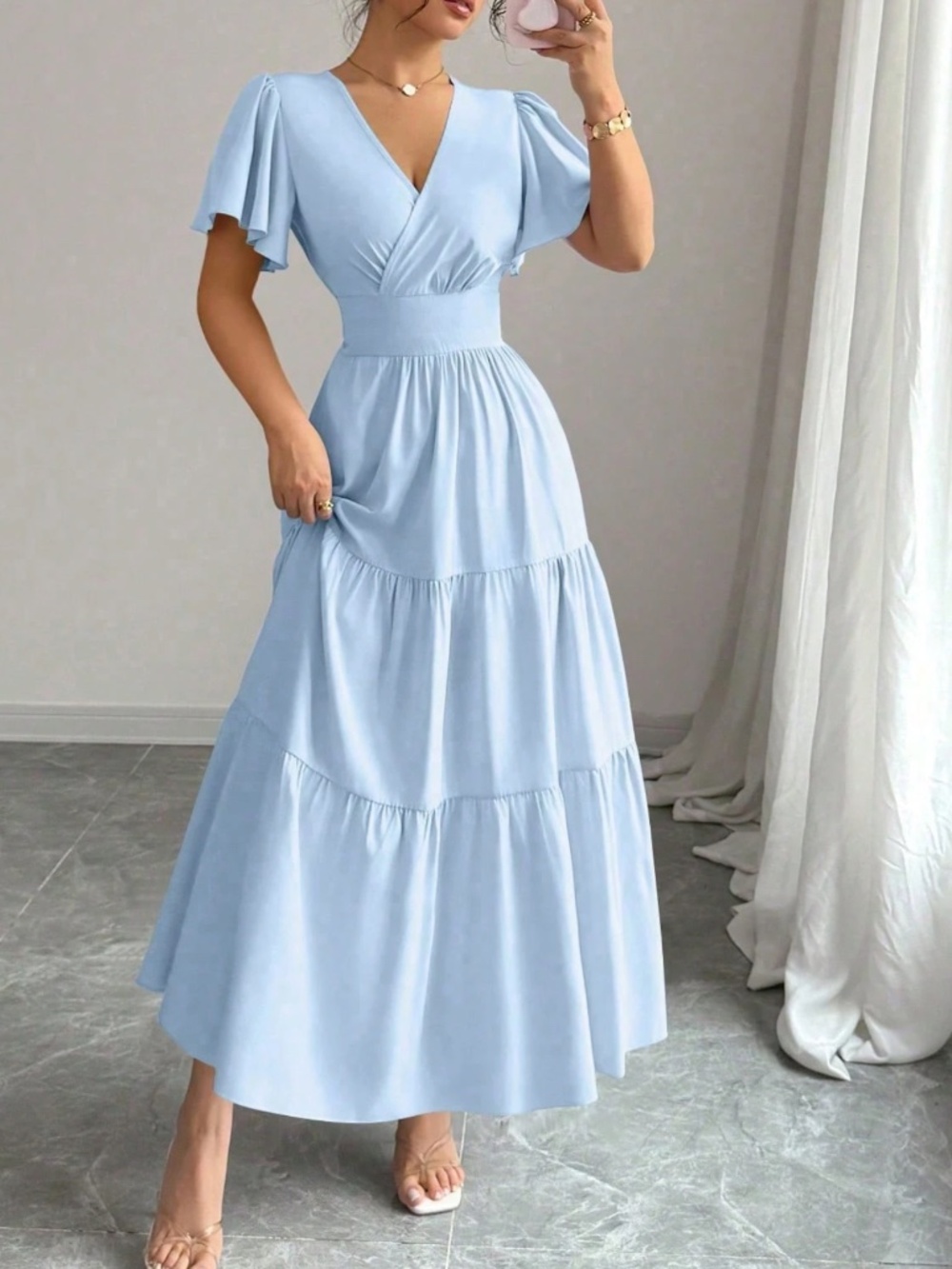 Classic V neck Solid Flounce Sleeve High Waisted Maxi Dress - Picture 4 of 13